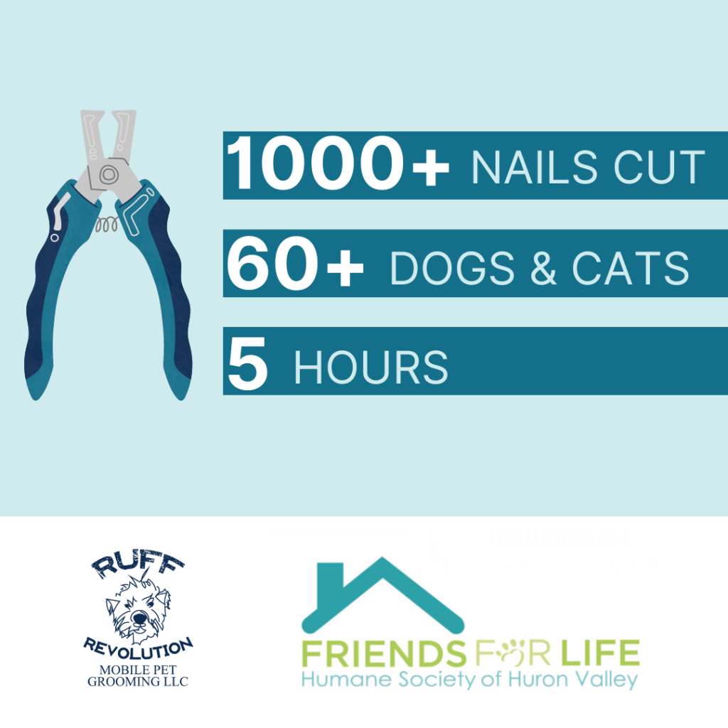1000+ nails cut
60+ dogs and cats
5 hours
Ruff Revolution logo
Friends for Life Humane Society of Huron Valley logo