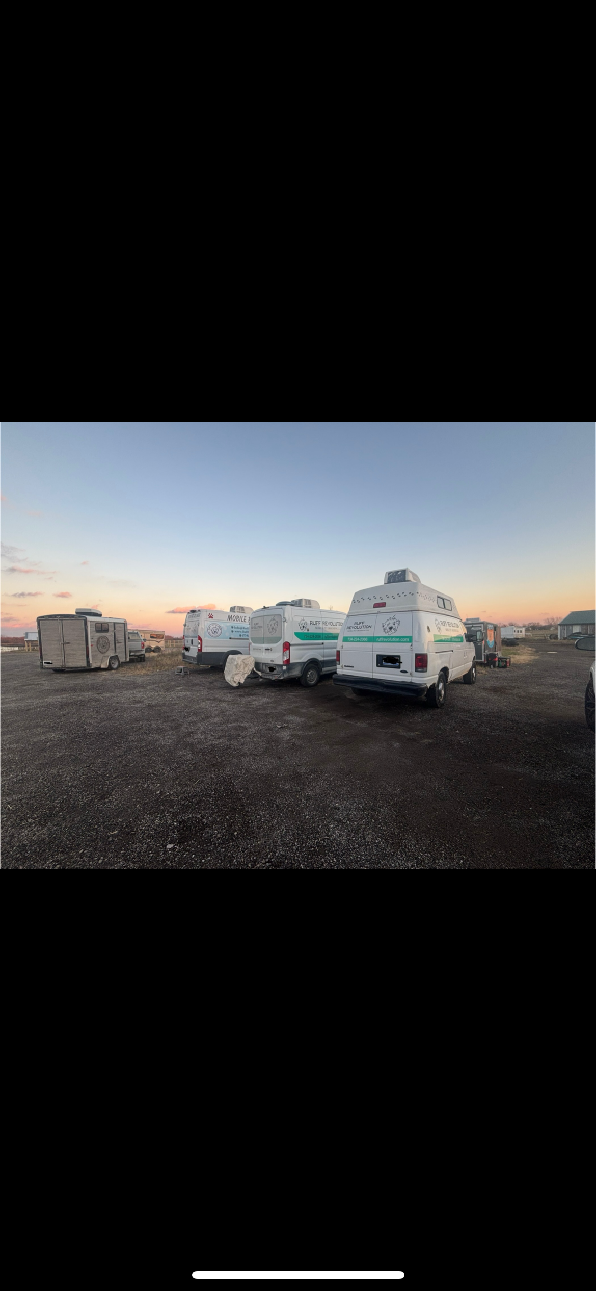 All of our vehicles at our team meeting with a beautiful sunset 🌇